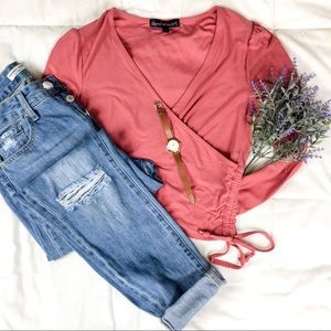 Pink, long sleeve, crop top and jeans available